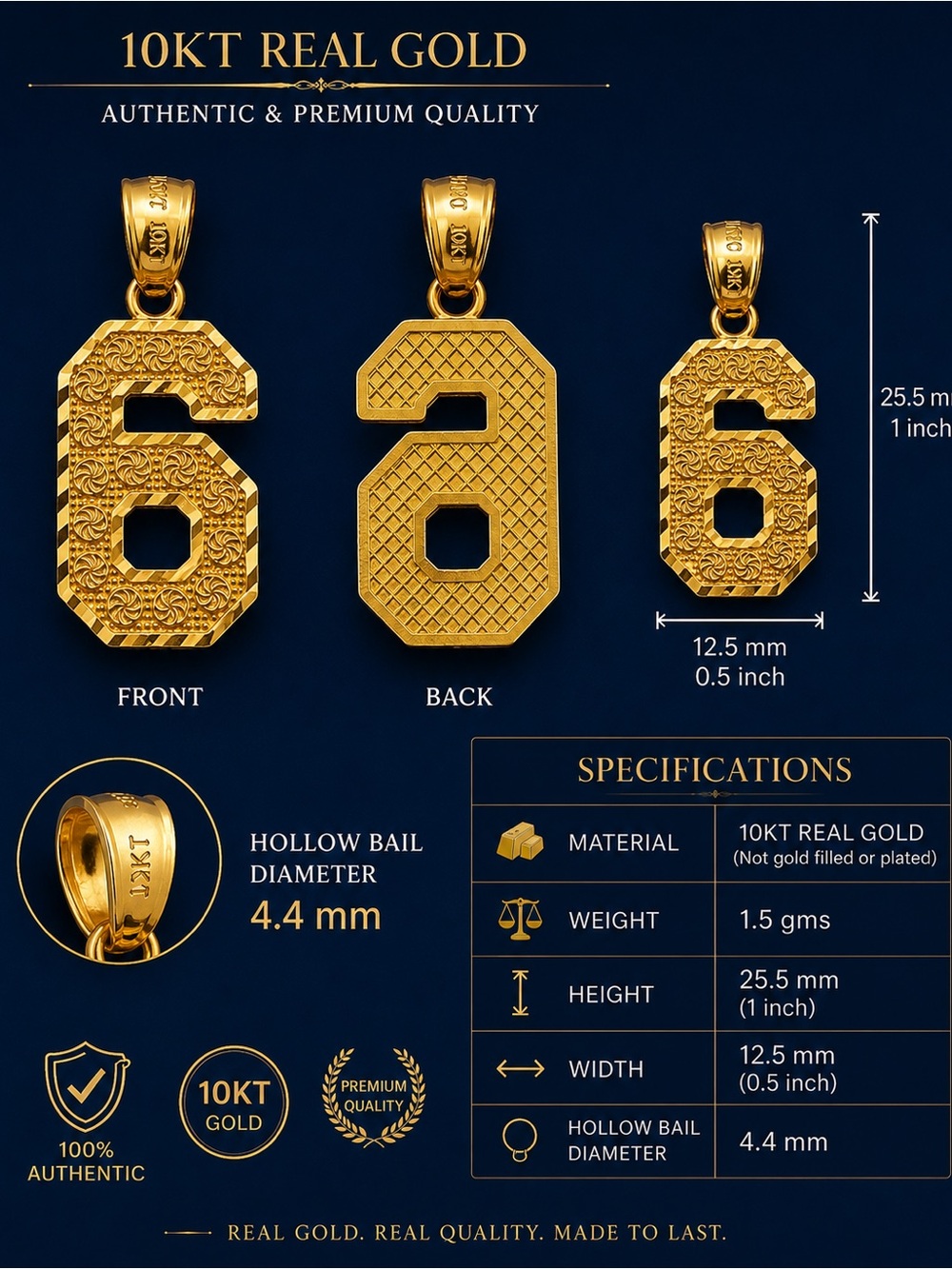 10KT Real Gold Number 6 Pendant - Gold